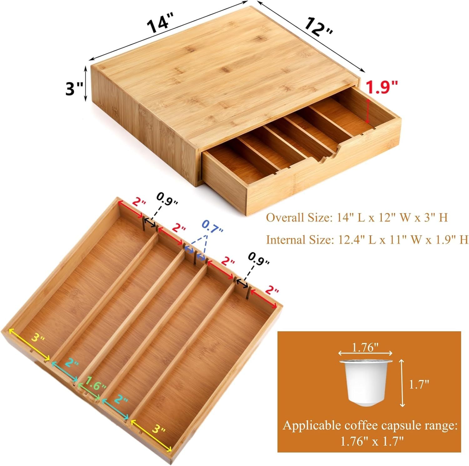 Bamboo Coffee Pod Drawer Tea Bag Storage Organizer with 5 Adjustable Compartment