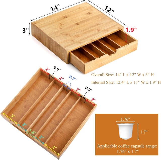 Bamboo Coffee Pod Drawer Tea Bag Storage Organizer with 5 Adjustable Compartment