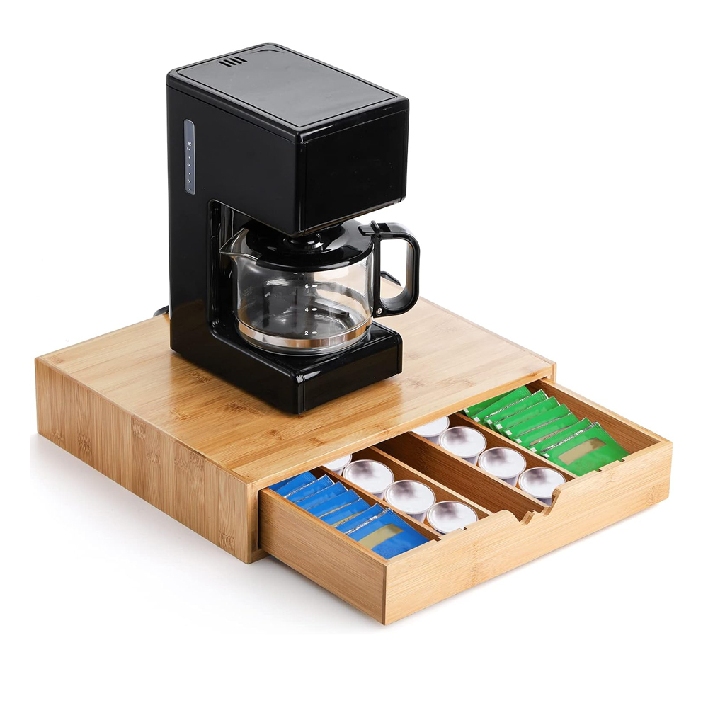 Bamboo Coffee Pod Drawer Tea Bag Storage Organizer with 5 Adjustable Compartment