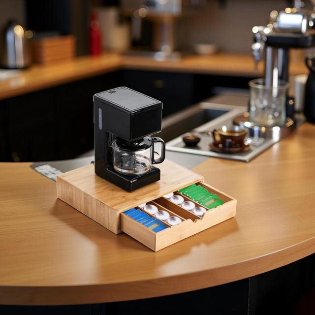 Bamboo Coffee Pod Drawer Tea Bag Storage Organizer with 5 Adjustable Compartment