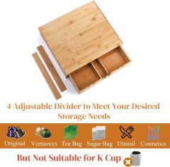Bamboo Coffee Pod Drawer Tea Bag Storage Organizer with 5 Adjustable Compartment