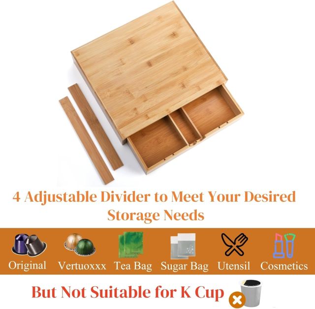 Bamboo Coffee Pod Drawer Tea Bag Storage Organizer with 5 Adjustable Compartment
