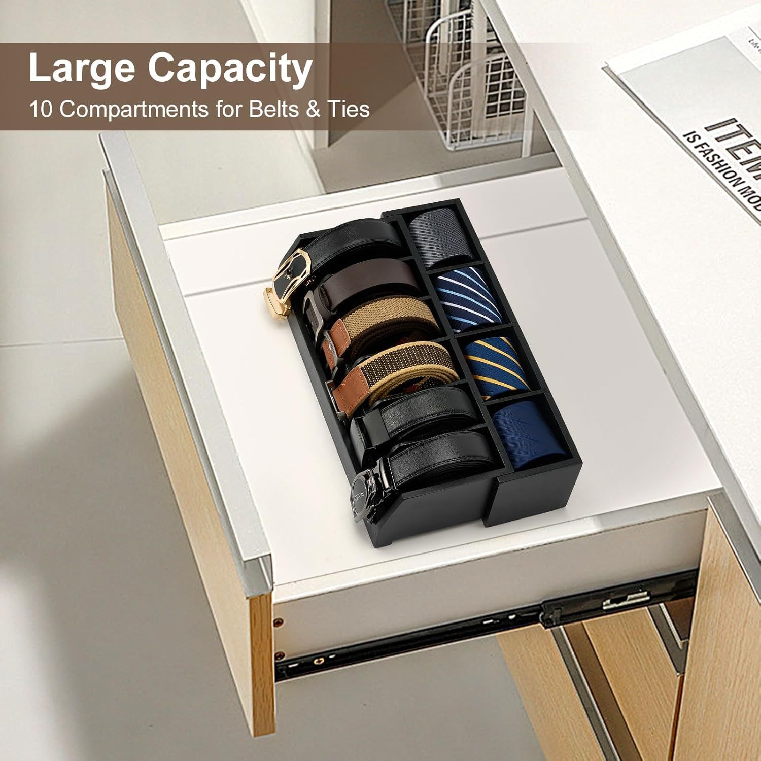 Bamboo Belt Organizer Box 10 Compartment Belt & Tie Storage