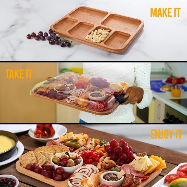 Bamboo Charcuterie Board with Locking Lid Cheese Board with Black Handles
