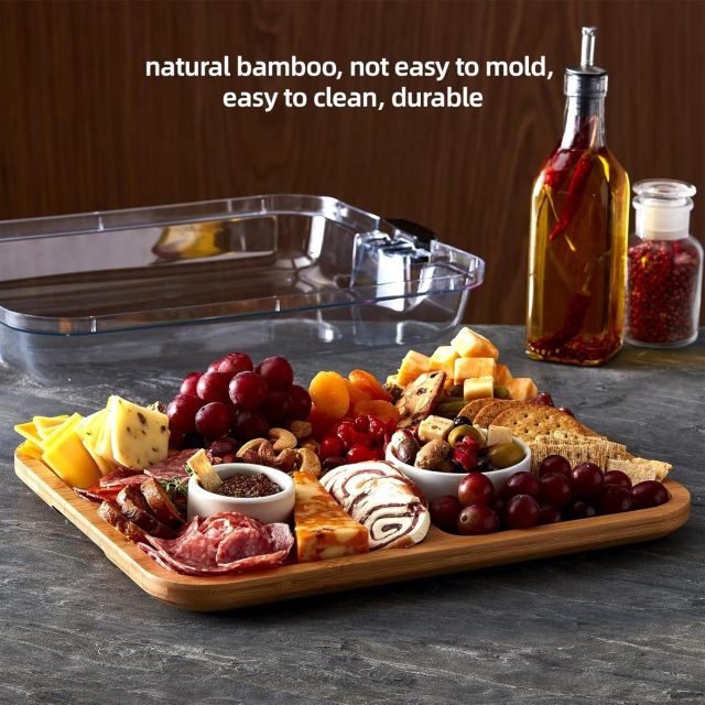 Bamboo Charcuterie Board with Locking Lid Cheese Board with Black Handles