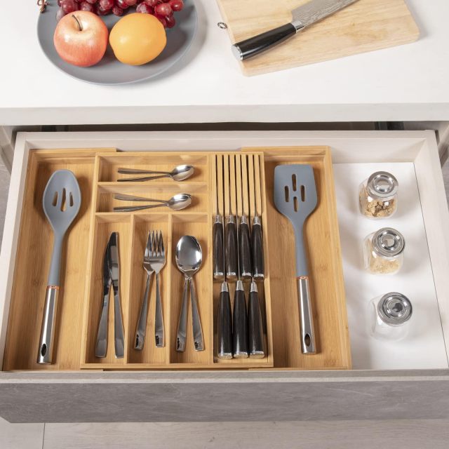 Expandable Utensil Holder Cutlery Tray Flatware Organization Bamboo Silverware Drawer Organizer Kitchen