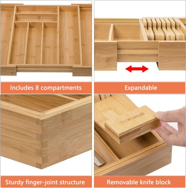 Expandable Utensil Holder Cutlery Tray Flatware Organization Bamboo Silverware Drawer Organizer Kitchen