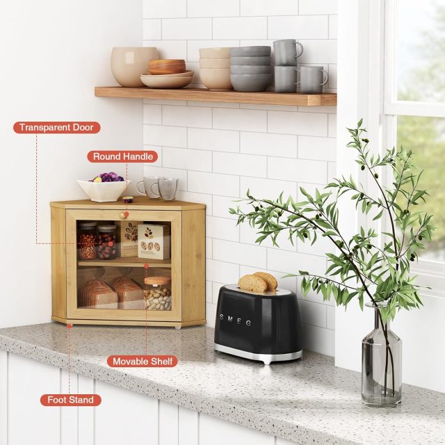 Bamboo Corner Bread Box for Kitchen Counter