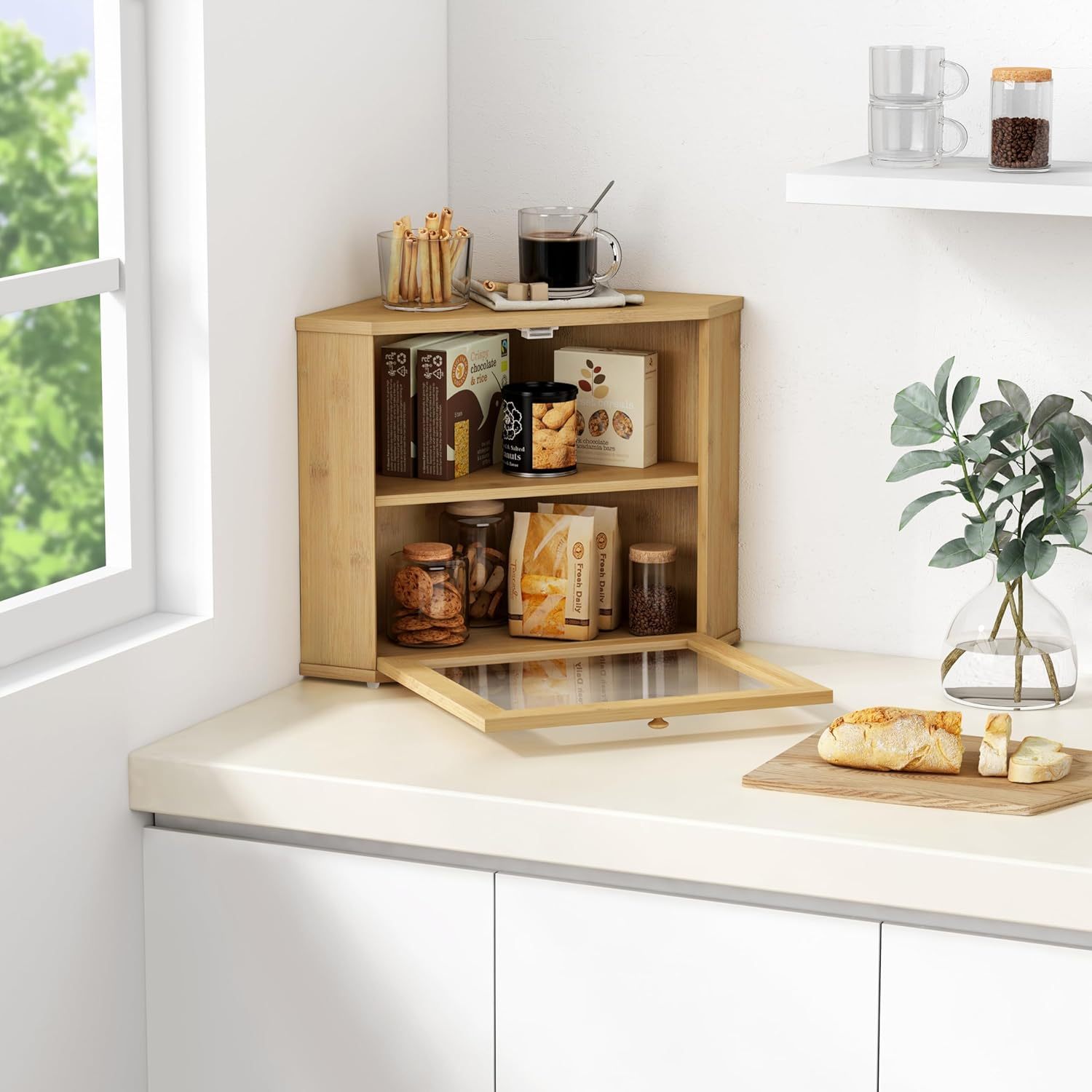 Bamboo Corner Bread Box for Kitchen Counter