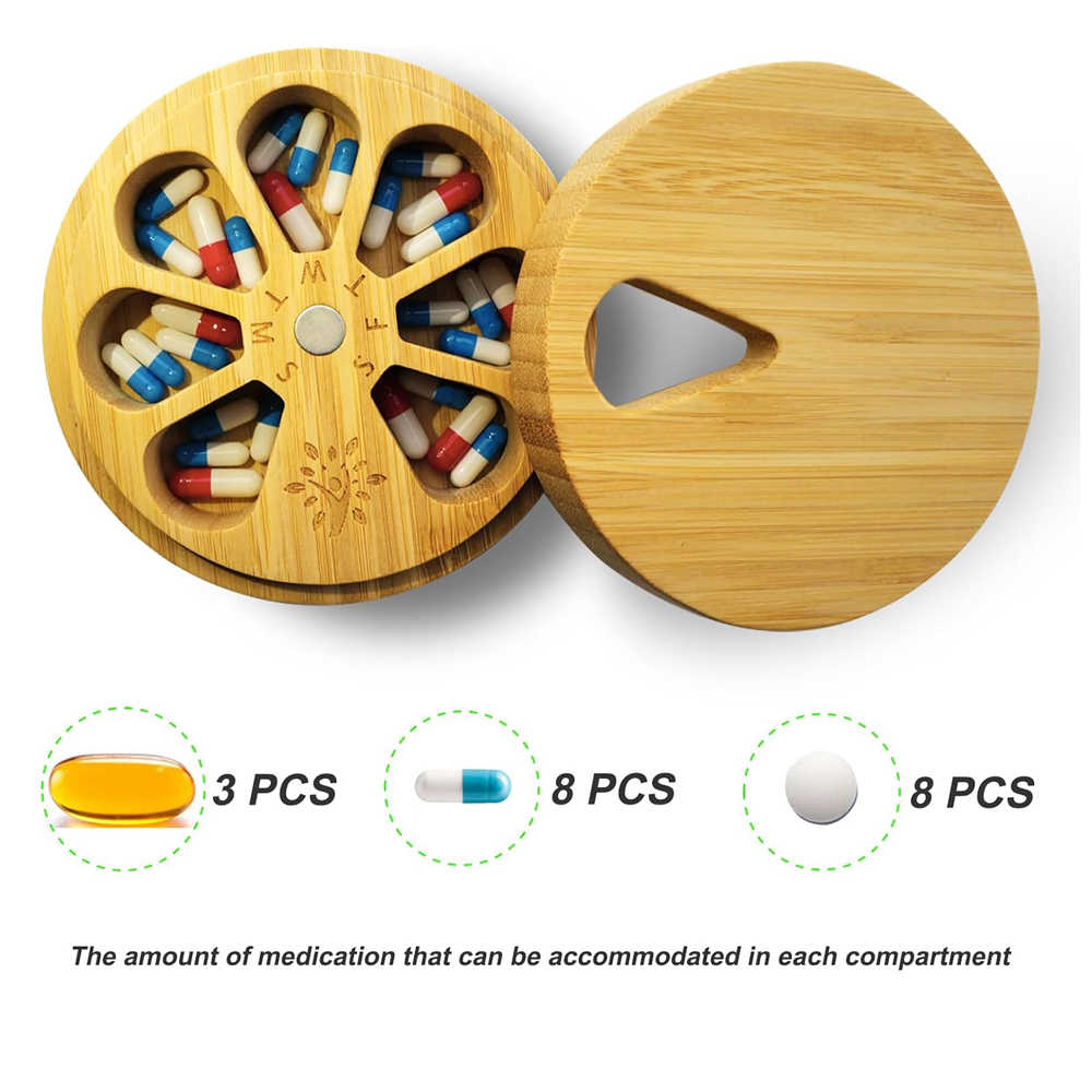 Bamboo Wood Pill Organizer for Medicine Vitamin Weekly