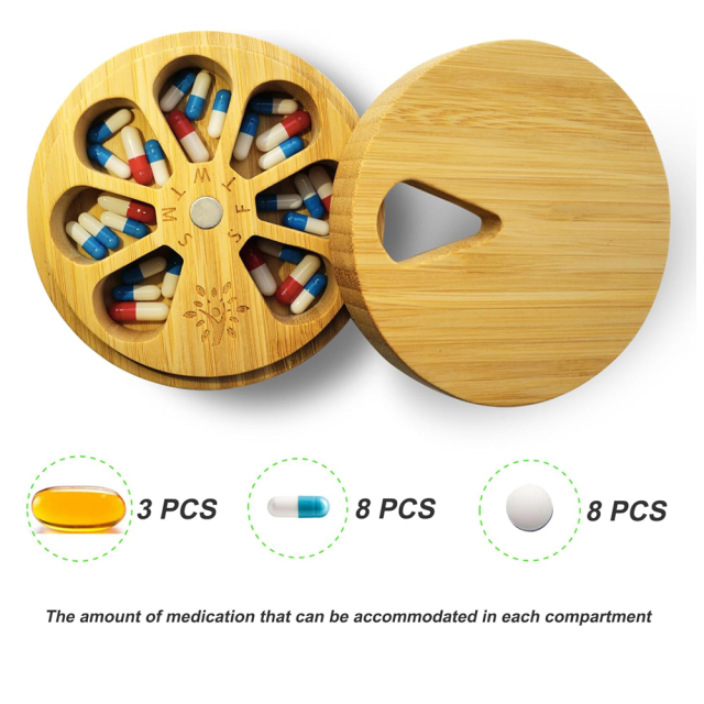 Bamboo Wood Pill Organizer for Medicine Vitamin Weekly