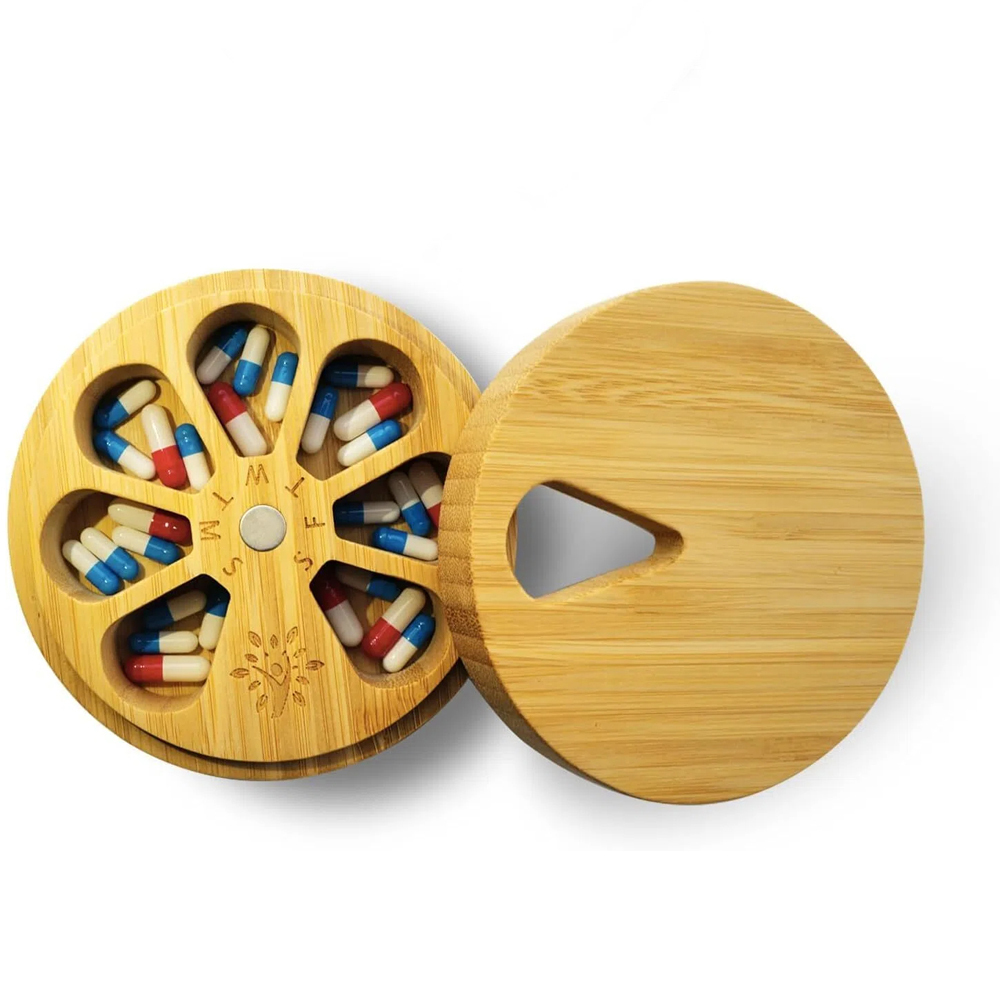 Bamboo Wood Pill Organizer for Medicine Vitamin Weekly