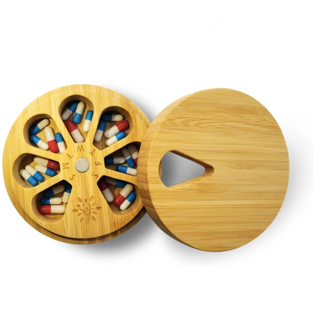 Bamboo Wood Pill Organizer for Medicine Vitamin Weekly
