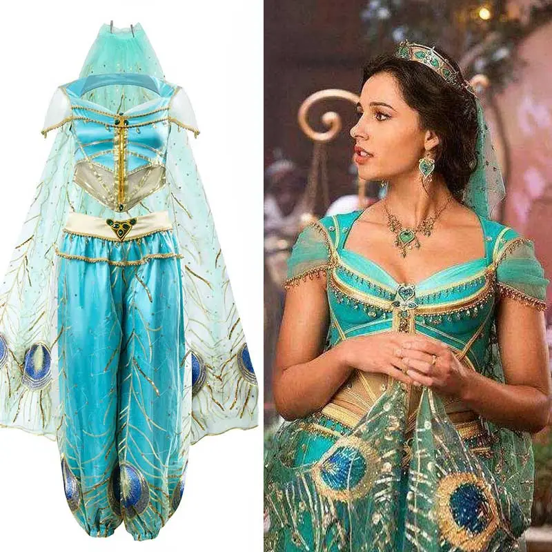 Disney Aladdin Princess Jasmine Cosplay Costume Adult Women Blue Dress Veil  Movie Replica-Takerlama