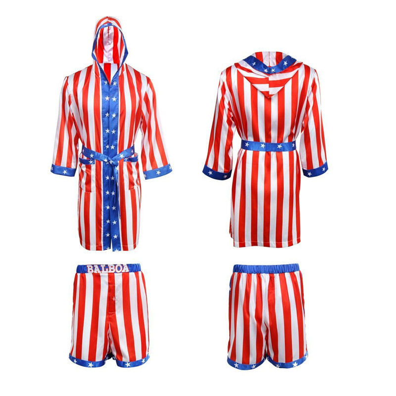 Rocky Balboa Cosplay Costume Robe and Shorts Apollo Movie Boxer American Flag Boxing In Stock Takerlama