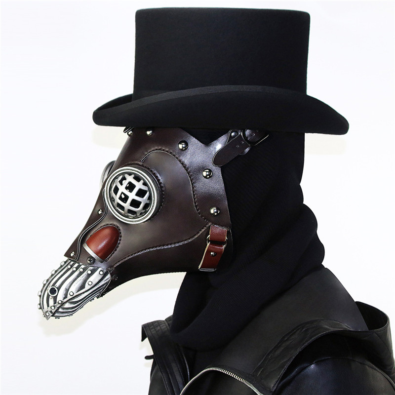 Brown PU Leather Plague Doctor Mask Gothic Bird Beak Mask Steampunk Accessories