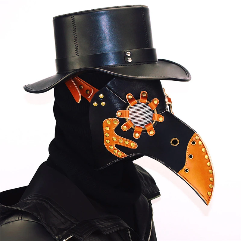 Steampunk Plague Bird Mask Doctor Mask Gold &amp; Black PU Leather Bird Beak Mask