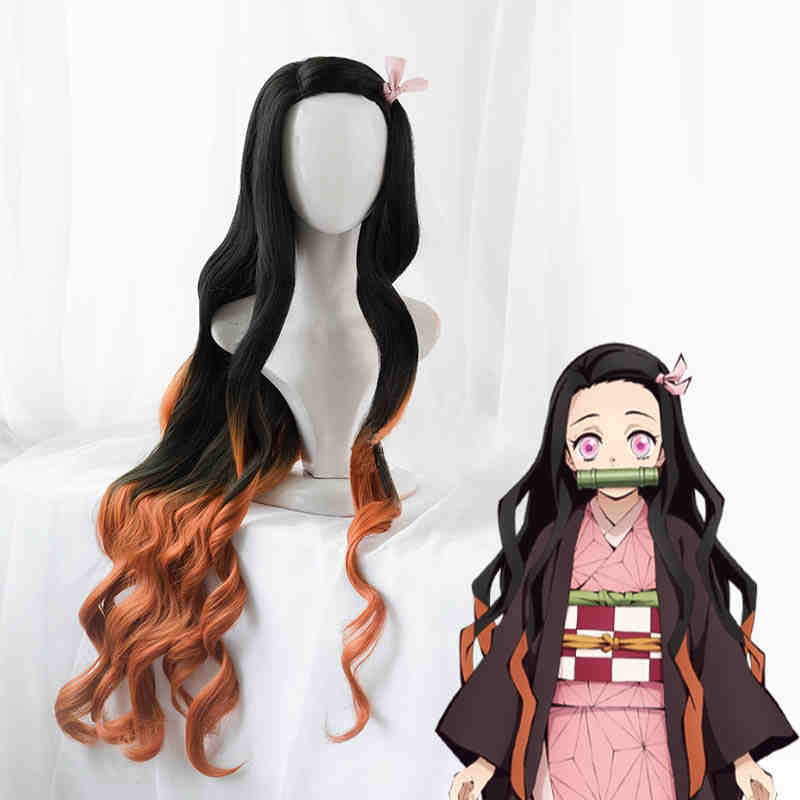 Nezuko Kamado Long Wavy Cospaly Synthetic Wig Anime Demon Slayer Kimetsu no Yaiba-Takerlama