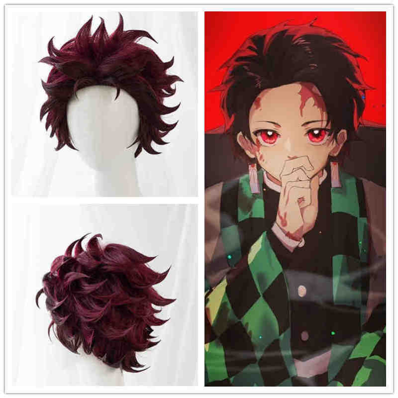 Tanjirou Kamado Short Cospaly Synthetic Wig Anime Demon Slayer Kimetsu no Yaiba