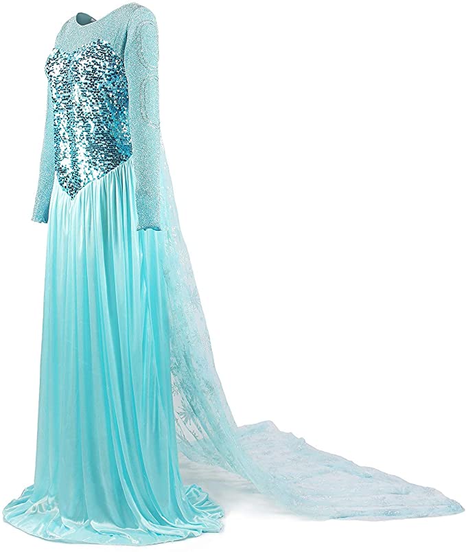 Takerlama Disney Frozen 2 Princess Elsa Sparkly Dress Party Cosplay Costume Trailing Cloak Dress For Women