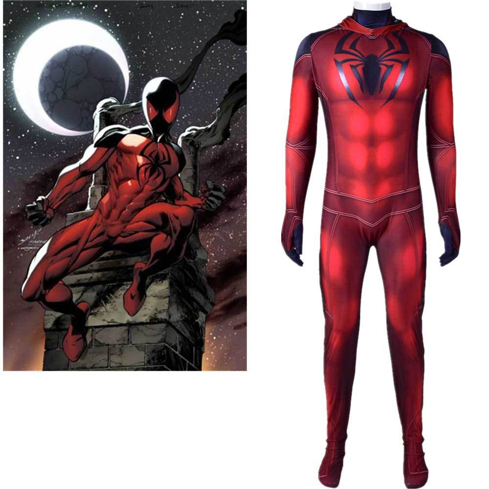 Scarlet Spider Costume Kaine Parker Halloween Cosplay Hooded Jumpsuit