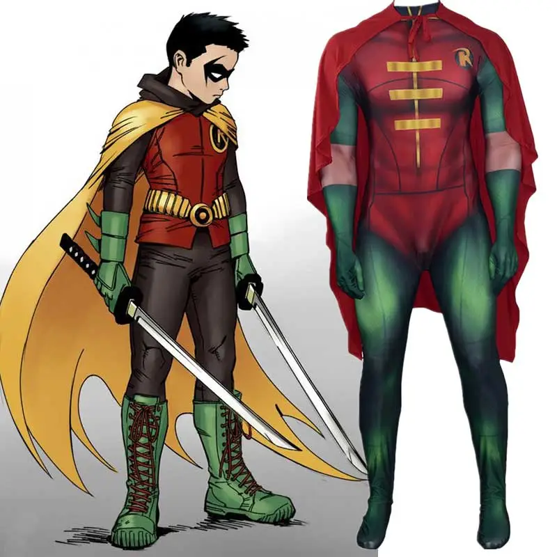 Superhero Robin Costume Boy Wonder Halloween Cosplay Bodysuit Kids Adult