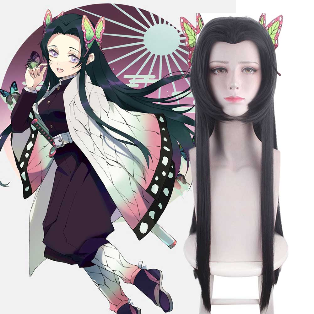 Kochou Kanae Long Brown Cosplay Costume Wig With Butterfly Hair Clips Demon Slayer Kimetsu no Yaiba