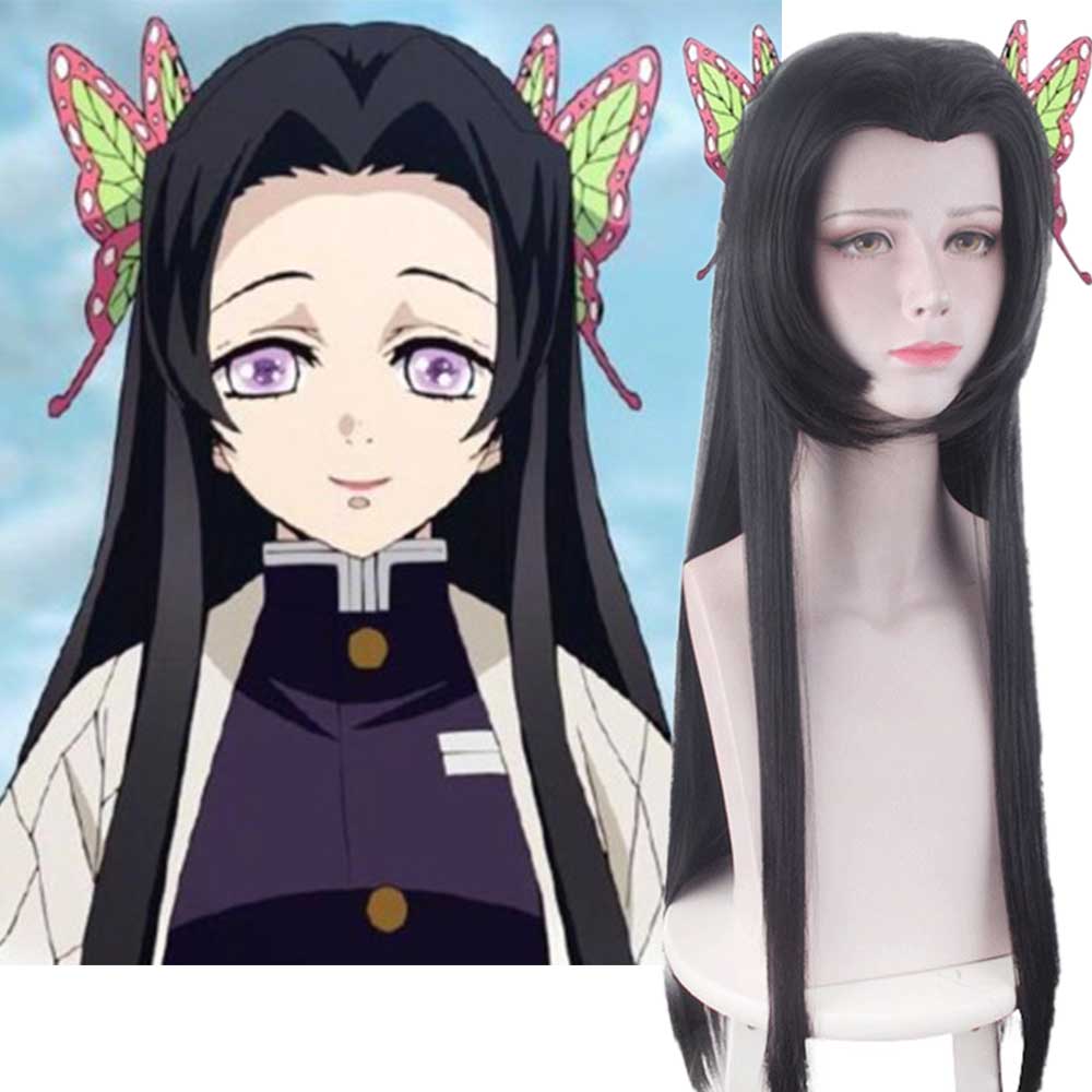 Kochou Kanae Long Brown Cosplay Costume Wig With Butterfly Hair Clips Demon Slayer Kimetsu no Yaiba