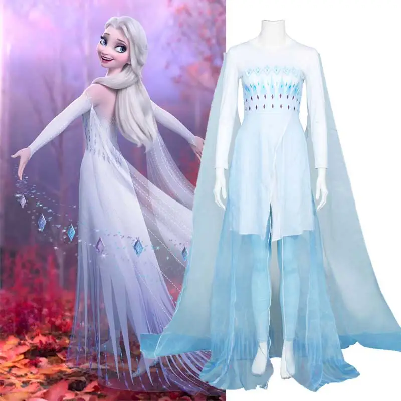 Disney Frozen 2 Elsa Ahtohallan Cave Queen White Blue Gown Dress Halloween  Cosplay Costume-Takerlama