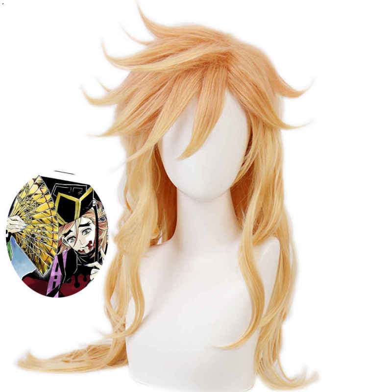 Doma Twelve Kizuki Gold Long Curly Halloween Wig Demon Slayer Kimetsu no Yaiba