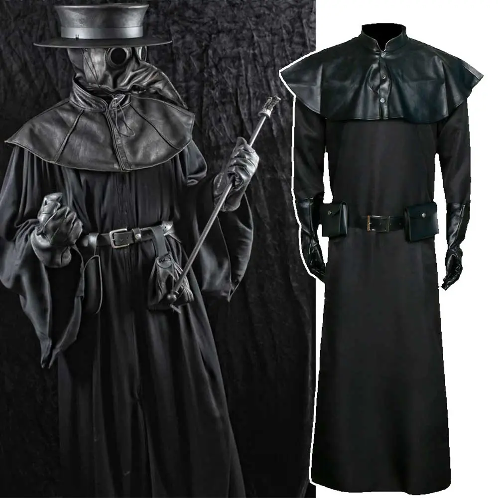 Costume Médecin De La Peste Complet – Masque Bec D’Oiseau Steampunk, Cape Noire, Robe, Gants, Sceptre – Halloween & Carnaval Médiéval