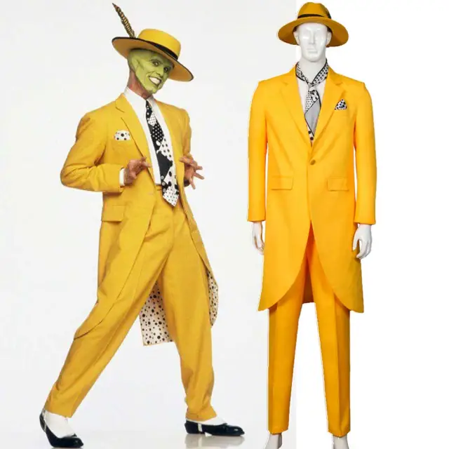 The Mask Halloween Costume Jim Carrey Men Yellow Coat Hat Pants ...