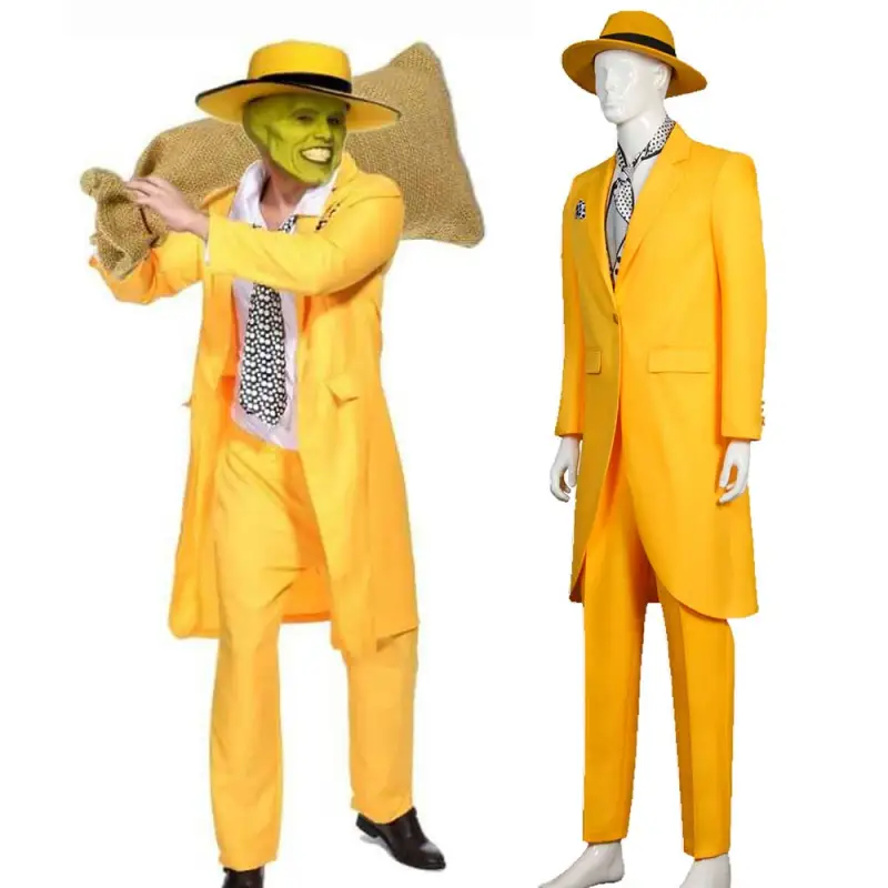 The Mask Halloween Costume Jim Carrey Men Yellow Coat Hat Pants ...