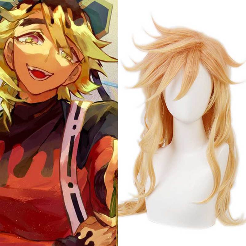 Doma Twelve Kizuki Gold Long Curly Halloween Wig Demon Slayer Kimetsu no Yaiba