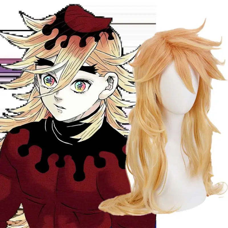 Doma Twelve Kizuki Gold Long Curly Halloween Wig Demon Slayer Kimetsu no Yaiba