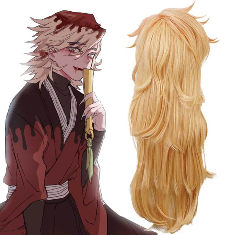 Doma Twelve Kizuki Gold Long Curly Halloween Wig Demon Slayer Kimetsu no Yaiba