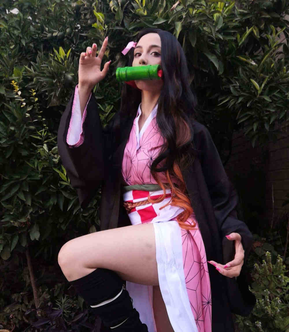 Nezuko Kamado Long Wavy Cospaly Synthetic Wig Anime Demon Slayer Kimetsu no Yaiba-Takerlama