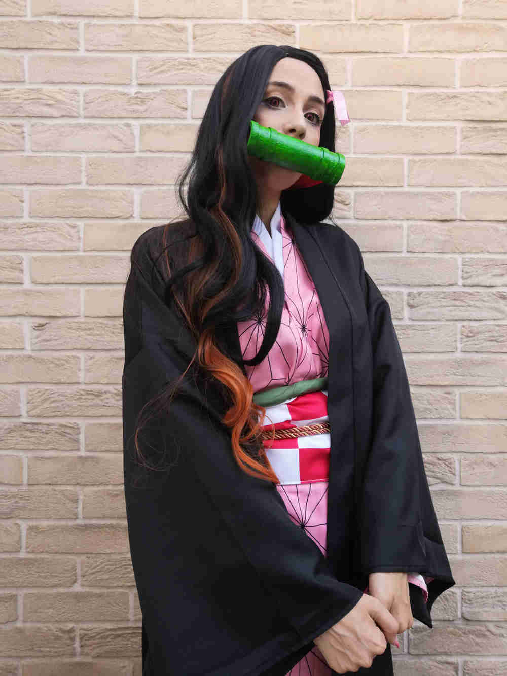 Nezuko Kamado Long Wavy Cospaly Synthetic Wig Anime Demon Slayer Kimetsu no Yaiba-Takerlama