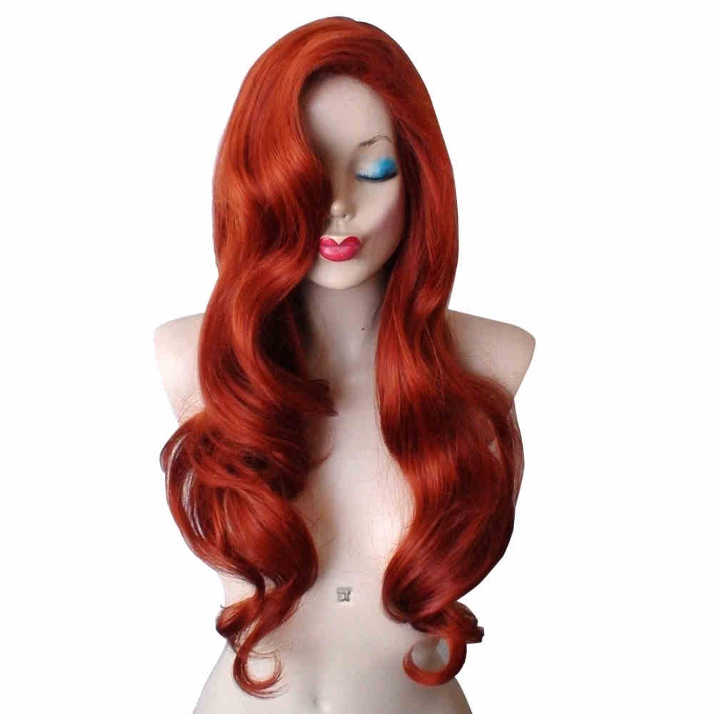 Long Curly Red Jessica Rabbit Cosplay Wig Synthetic Hair With Big Swap Bangs-Takerlama