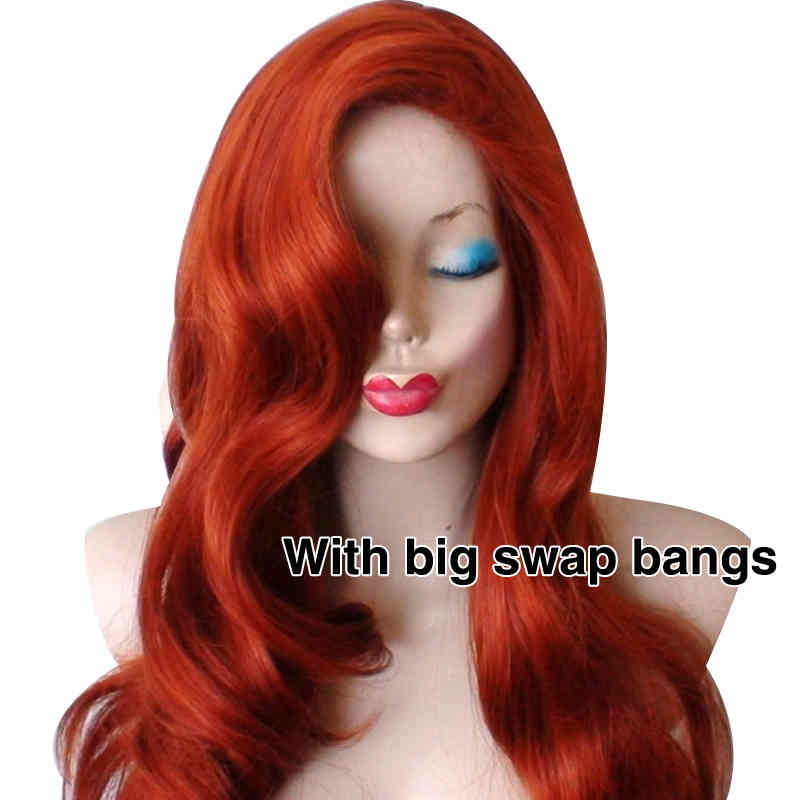 Long Curly Red Jessica Rabbit Cosplay Wig Synthetic Hair With Big Swap Bangs-Takerlama