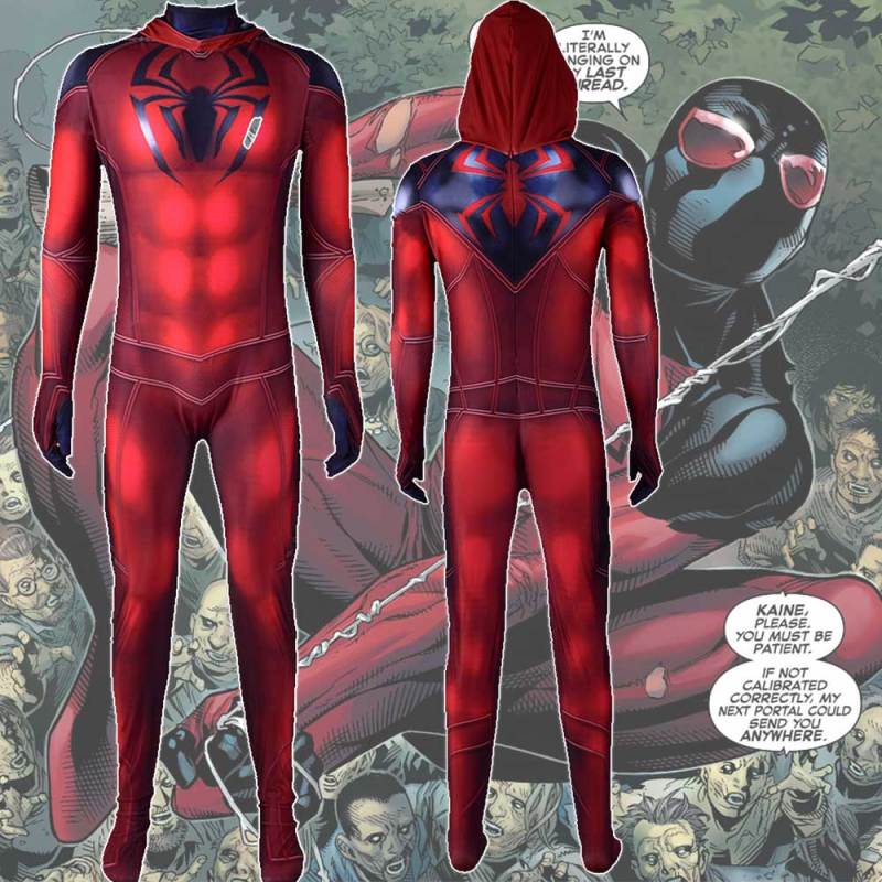 Scarlet Spider Costume Kaine Parker Halloween Cosplay Hooded Jumpsuit