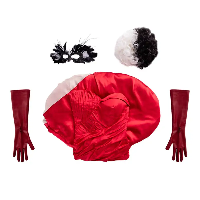 Cruella Cosplay Costume De Vil Emma Stone Red Dress Wig Gloves