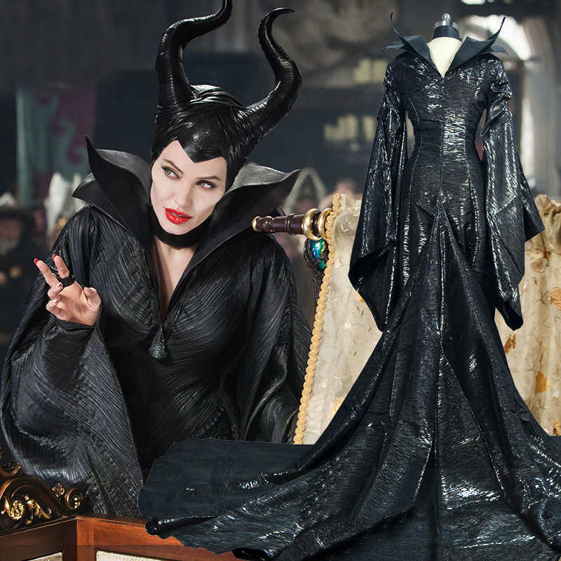 Disney Maleficent Costume Mistress of Evil Black Witch Angelina Jolie Cosplay Dress Hat Takerlama