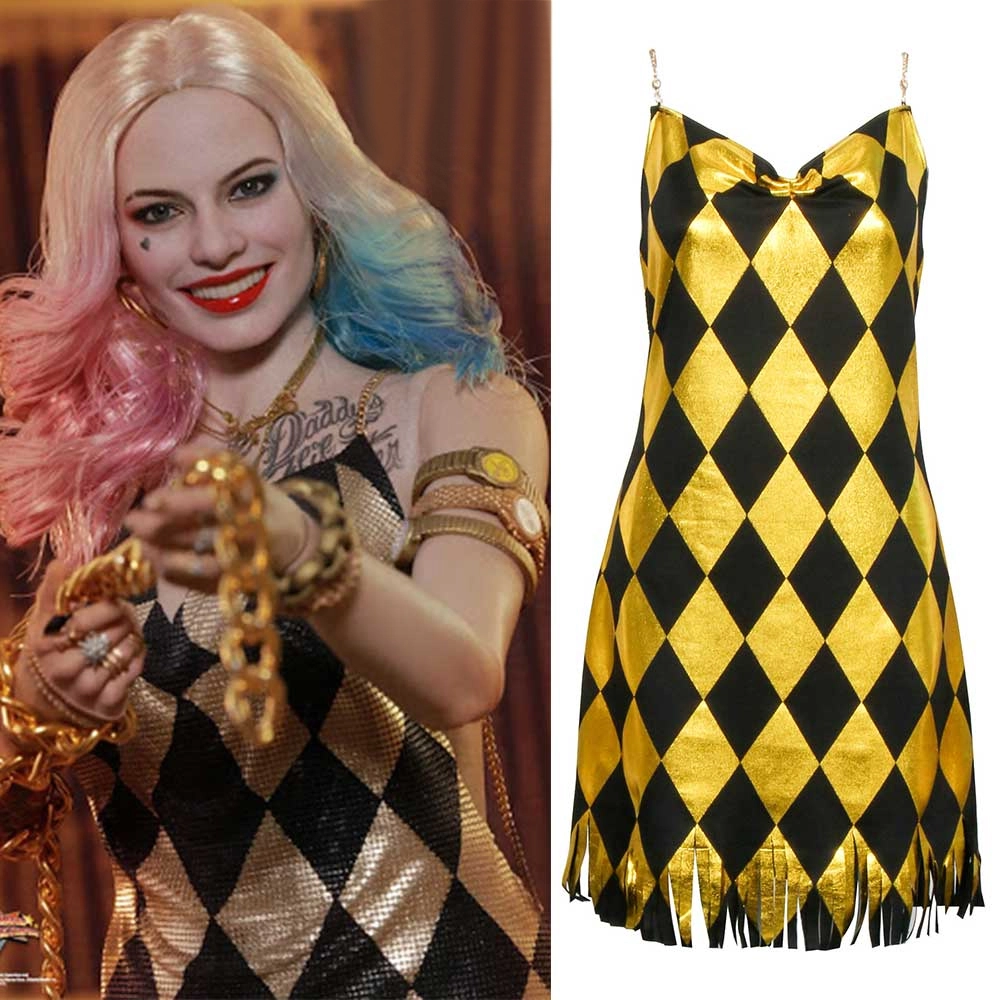 gold harley quinn dress Cosplay Squad Costume Female Backless Club In Stock-Takerlama,Style B / XL It features elastic along the lower edge to help provide a snug Harley quinn dress gold-AliExpress
