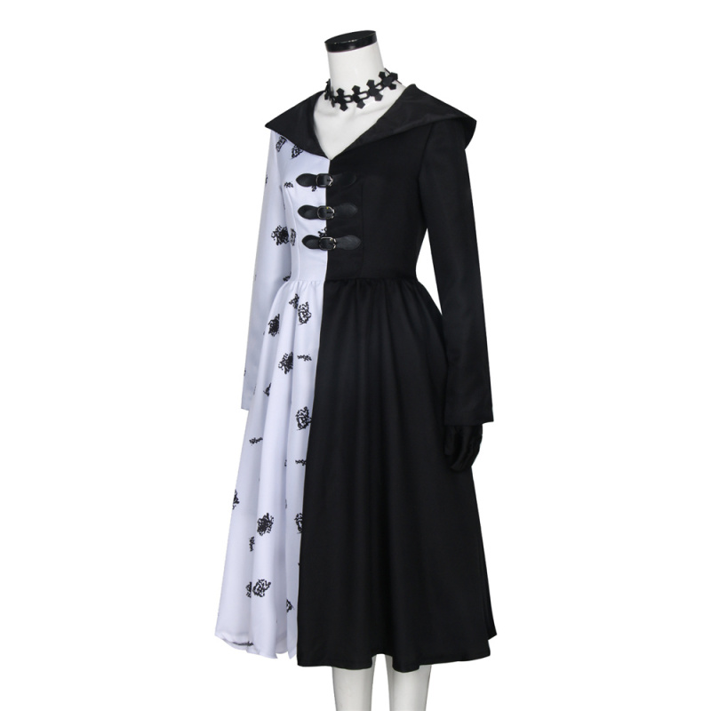 101 Dalmatians Cruella De Vil Black White Dress Gloves Cosplay Costume Takerlama (Ready To Ship)