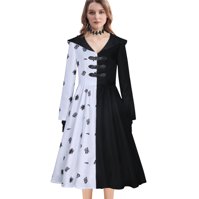 101 Dalmatians Cruella De Vil Black White Dress Gloves Cosplay Costume Takerlama (Ready To Ship)