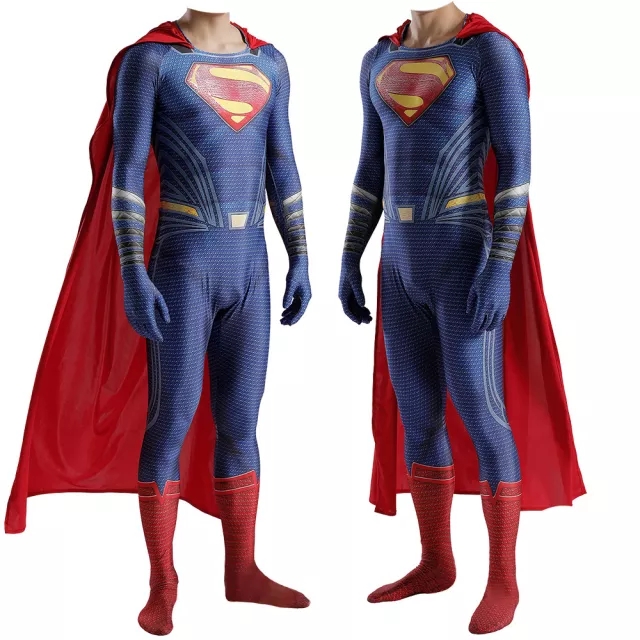 DC Comic Man of Steel 2 Superman Clark Kent Blue Costume Jumpsuit With Cloak