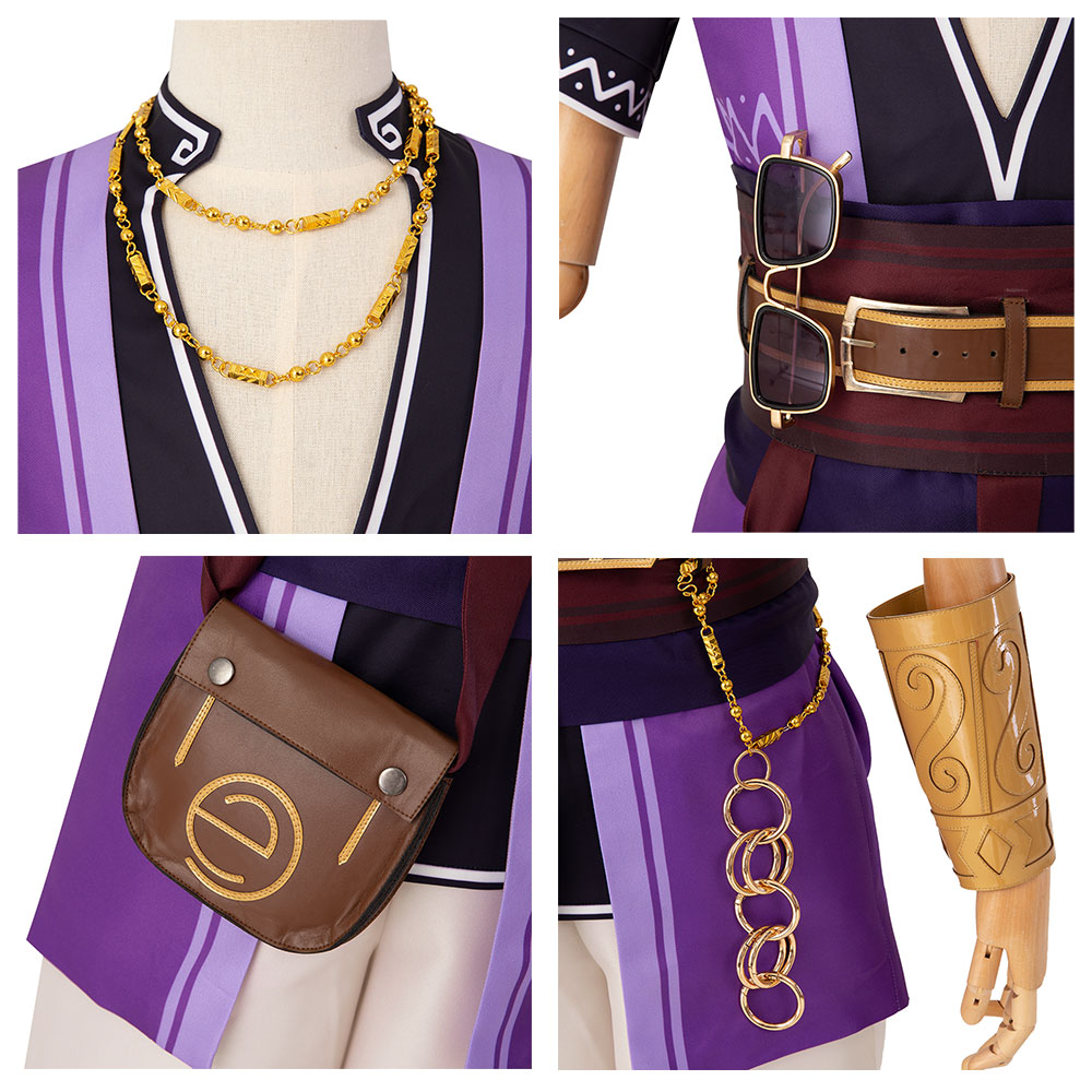 Game Genshin Impact NPC Liben Purple Cosplay Costume Bag Ring Pants Takerlama