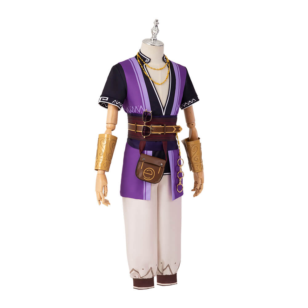 Game Genshin Impact NPC Liben Purple Cosplay Costume Bag Ring Pants Takerlama