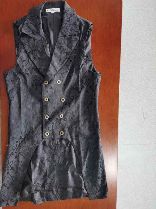 FLOWDREAM Unisex Double Breasted Lapel Collar Waistcoat Black Jacquard Vest Gothic Steampunk